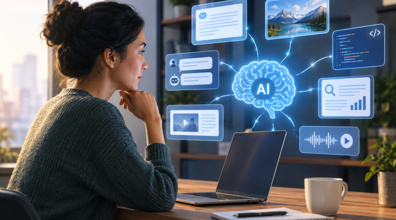 Wide editorial scene illustrating Is AI as Powerful as People Fear—and Should You Be Concerned?